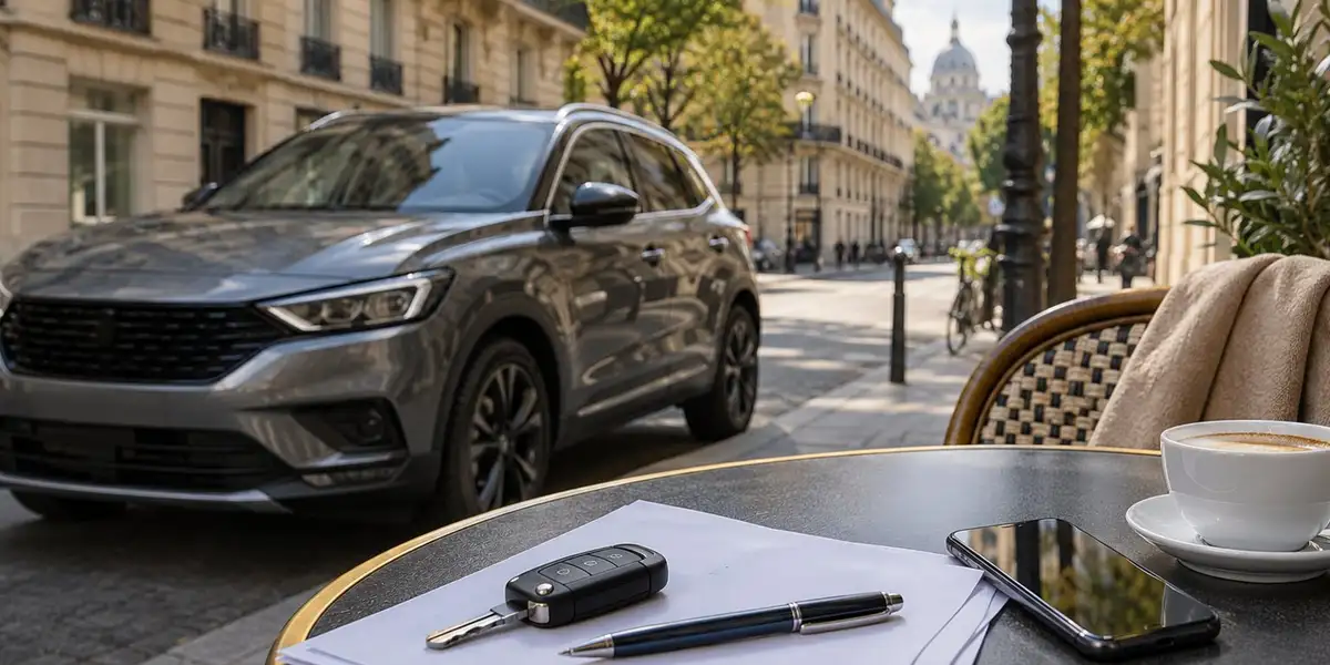 Conducteur au volant d'une voiture citadine, dossier d'assurance auto posé sur le siège passager